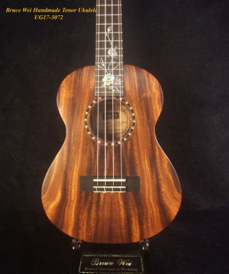 Handmade Tenor Ukulele, Solid Acacia, Zebra wood, Floral Inlay, Soft-bag, Bruce Wei UG17-3072