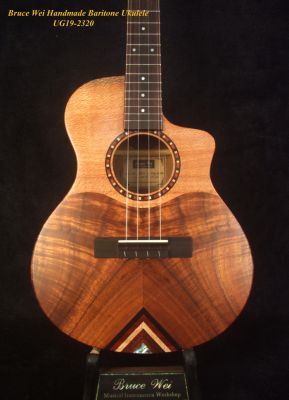 Bruce Wei Handmade Solid Hawaiian Koa, Lacewood Cutaway 4 String Baritone Ukulele, Soft-bag UG19-2320 