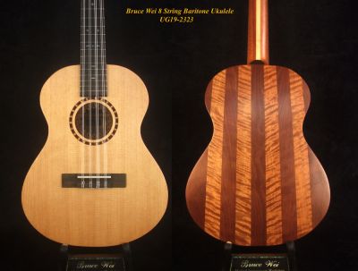 Handmade Solid Spruce, Curly Maple Solid Head 8 String Baritone Ukulele, MOP Inlay, Soft-bag UG19-2323