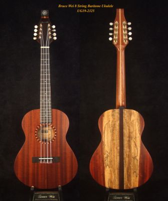 Bruce Wei Handmade Thin Body Solid Mahogany, Spalted Rosewood 8 String Baritone Ukulele, Soft-bag UG19-2325 