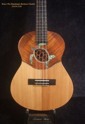 Bruce Wei Handmade Solid Hawaiian Koa, Spruce, Acacia 4 String Baritone Ukulele, Turtle Soundhole, Soft-bag UG19-2328