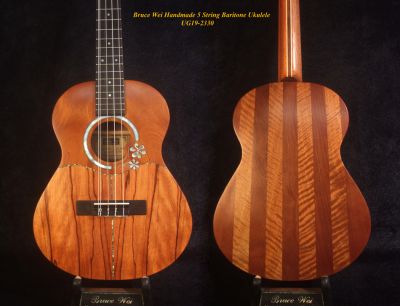 Handmade 5 String Baritone Ukulele, Solid Hawaiian Koa, Mahogany, Curly Maple, Bruce Wei UG19-2330