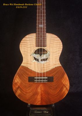 Handmade Baritone Ukulele, Solid Rosewood & Curly Maple, Whale Tail Soundhole, Bruce Wei UG19-2331 