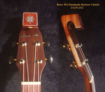 Handmade Baritone Ukulele, Curved Head, Solid Spruce, Curly Rosewood, 4 String, Floral Inlay, Soft-bag Bruce Wei UG19-2332 