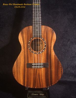 Handmade Baritone Ukulele, Solid Acacia, Zebra wood, 4 String, MOP Inlay, Soft-bag Bruce Wei UG19-2334 