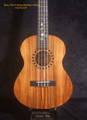 Handmade 8 String Baritone Ukulele, Solid Acacia, Slotted Head, Beer Flower inlay, Soft-bag, Bruce Wei UG19-2335 
