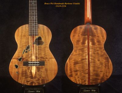Handmade Baritone Ukulele, Solid Curly Acacia, 4 String, The Islands Soundhole, Soft-bag Bruce Wei UG19-2336 