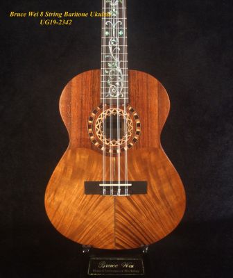 Handmade 8 String Baritone Ukulele, Solid Curly Hawaiian Koa & Curly Mango, Slotted Head, Vine Inlay, Soft-bag, Bruce Wei UG19-2342 