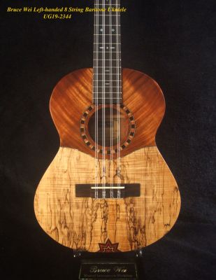 Handmade Left-handed 8 String Baritone Ukulele, Solid Curly Spalted Maple, Rosewood, MOP Inlay, Soft-bag, Bruce Wei UG19-2344 