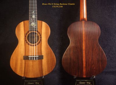 Gift for Musician - Handmade 8 String Baritone Ukulele, Solid Acacia, Indian Rosewood, Slotted Head, Floral Inlay, Bruce Wei UG19-2346 