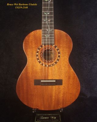 Handmade Baritone Ukulele, Curved Head, Solid Hawaiian Koa, 4 String, MOP Vine Inlay, Soft-bag Bruce Wei UG19-2348 