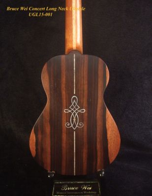 Handcrafted Concert Long Neck Ukulele, Solid Acacia, Macassar Ebony, Celtic Inlay, Soft-bag, Bruce Wei UGL15-001