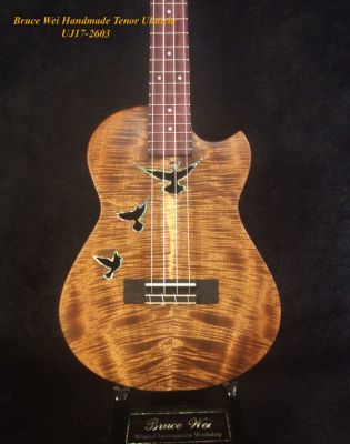 Handcrafted Tenor Ukulele, Solid Curly Acacia, Mahogany, Doves Soundhole, Abalone Inlay, Soft-bag, Bruce Wei UJ17-2603 