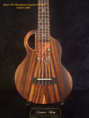 Handcrafted Soprano Ukulele, Solid Acacia, MOP Inlay, Soft-bag, Bruce Wei UKB13-2005