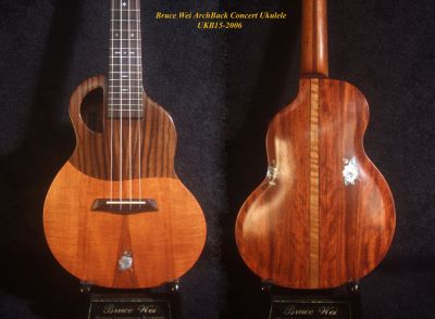 Handmade Concert Ukulele, Solid Hawaiian Koa, Rosewood ArchBack, Hibiscus Inlay, Soft-bag, Bruce Wei UKB15-2006 