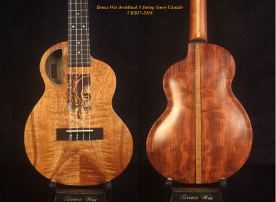 Bruce Wei Handmade Curly Mahogany, Rosewood 5 String ArchBack Tenor Ukulele, Abalone Inlay, Soft-bag UKB17-2018