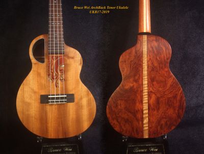 Handmade Tenor Ukulele, Solid Hawaiian Koa, Rosewood, Abalone & MOP Inlay, Soft-bag, Bruce Wei UKB17-2019
