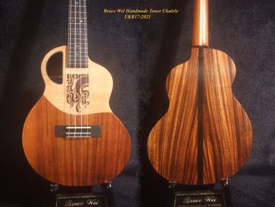 Handmade Tenor Ukulele, Solid Hawaiian Koa, Acacia, Abalone & MOP Inlay, Soft-bag, Bruce Wei UKB17-2021