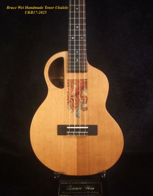 Handmade Tenor Ukulele, Solid Spruce, Acacia, Abalone & MOP Inlay, Soft-bag, Bruce Wei UKB17-2025 