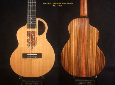 Handmade Left-handed Tenor Ukulele, Solid Spruce & Zebra wood, MOP Inlay, Soft-bag, Bruce Wei UKB17-2026