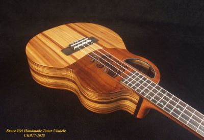 Handmade Tenor Ukulele, Solid Hawaiian Koa, Zebra wood, Abalone Inlay, Soft-bag, Bruce Wei UKB17-2028 