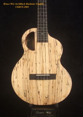 Bruce Wei Handmade Carved ArchBack Solid Spalted Maple, Mahogany Baritone Ukulele, MOP Inlay UKB19-2001