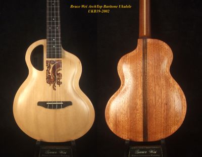 Bruce Wei Carved Archtop, ArchBack Solid Spruce, Mahogany Baritone Ukulele, Soft-bag UKB19-2002 