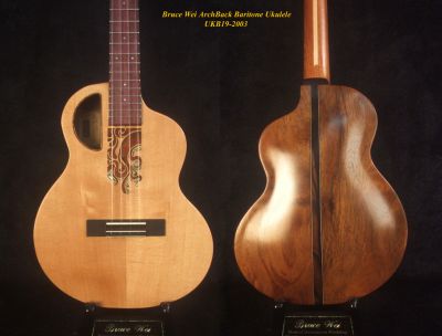 Handcrafted Baritone Ukulele, Carved ArchBack, Solid Spruce & Acacia, Soft-bag, Bruce Wei UKB19-2003 