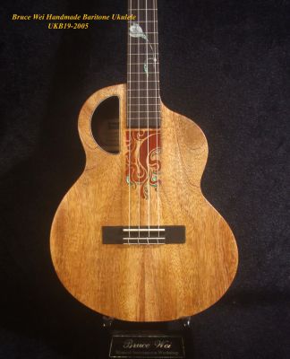 Handcrafted 4 String Baritone Ukulele, Solid Mango & Acacia, Flower inlay, Soft-bag, Bruce Wei UKB19-2005 