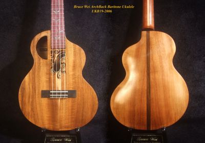 Handcrafted 4 String Baritone Ukulele, ArchBack, Solid Acacia, Vine Inlay, Soft-bag, Bruce Wei UKB19-2006 
