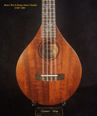 Handmade 8 String Tenor Ukulele, Solid Hawaiian Koa, MOP Vine Inlay, Soft-bag, Bruce Wei UM17-002
