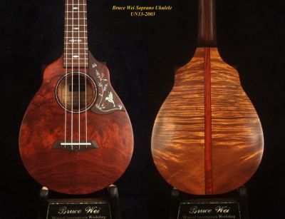Bruce Wei Solid Curly Hawaiian Koa, Redwood Soprano Ukulele, HummingBird Inlay UN13-2003