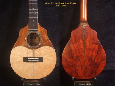 Bruce Wei Handmade Solid Hawaiian Koa, Birdseye, Rosewood Tenor Ukulele, Soft-bag UN17-2018