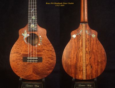 Handmade Tenor Ukulele, Curly Mahogany, Spalted Rosewood, Bird & Floral inlay, Soft-bag, Bruce Wei UN17-2019 