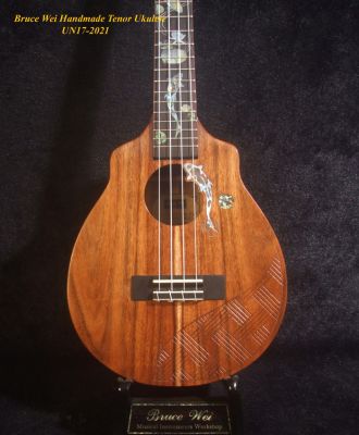 Handmade Tenor Ukulele, Solid Hawaiian Koa, Engraved Top, Koi Fish & Lotus inlay, Soft-bag, Bruce Wei UN17-2021 