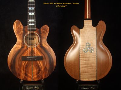 Bruce Wei Handmade Solid Acacia, Curly Maple ArchBack 4 String Baritone Ukulele, Cutaway, Glover Leaf, V Block Inlay, Triskel UP19-2001