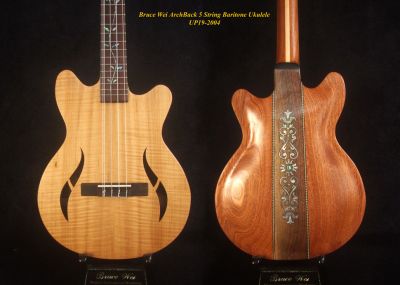 Handcrafted Baritone Ukulele, ArchBack, 5 String, Solid Curly Maple, Mahogany & Walnut, Vine Inlay, Bruce Wei UP19-2004 