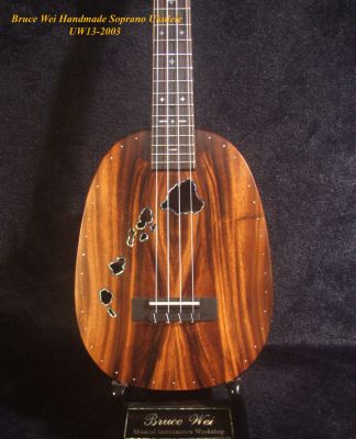 Handmade Soprano Ukulele, Solid Acacia, Mahogany Pineapple, The Islands Soundhole, Soft-bag, Bruce Wei UW13-2003 