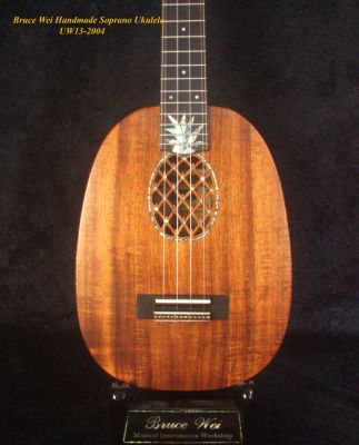 Handmade Pineapple Soprano Ukulele, Solid Hawaiian Koa, Soft-bag, Bruce Wei  UW13-2004
