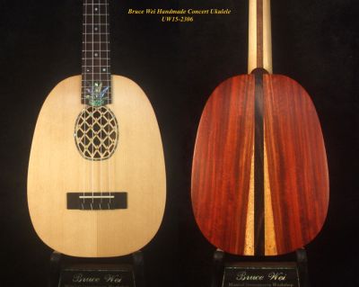 Bruce Wei Handmade Solid Spruce, Redwood, Pineapple Concert Ukulele, Pineapple Soundhole, Soft-bag UW15-2306 