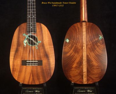 Bruce Wei Handmade Solid Hawaiian Koa Pineapple Tenor Ukulele, Turtle Soundhole, Soft-bag UW17-2112 