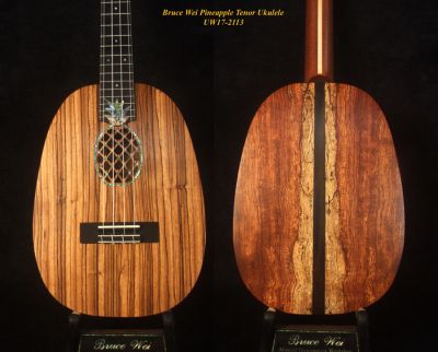 Bruce Wei Handmade Solid Zebra wood, Spalted Rosewood Pineapple Tenor Ukulele, Pineapple Soundhole, Soft-bag UW17-2113 