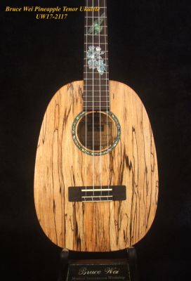 Bruce Wei Handmade Solid Spalted Maple Pineapple Tenor Ukulele, Bird Floral Inlay, Soft-bag UW17-2117 