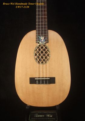 Bruce Wei Handmade 5 String Spruce, Zebra wood Pineapple Tenor Ukulele, Abalone Inlay, Soft-bag UW17-2120 