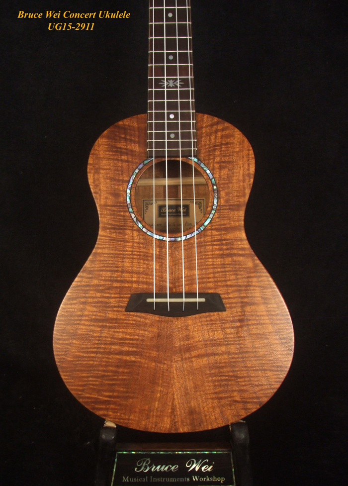 Bruce Wei Solid Curly Hawaiian Koa Concert Ukulele, Mop Inlay UG15